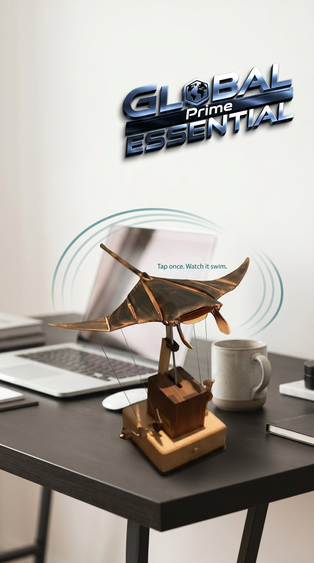 Handmade wooden manta ray kinetic desk sculpture with smooth swimming motion, perfect for home decor by Global Prime Essential.