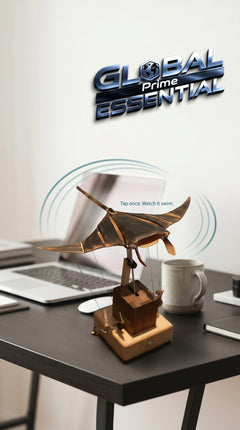 Handmade wooden manta ray kinetic desk sculpture with smooth swimming motion, perfect for home decor by Global Prime Essential.