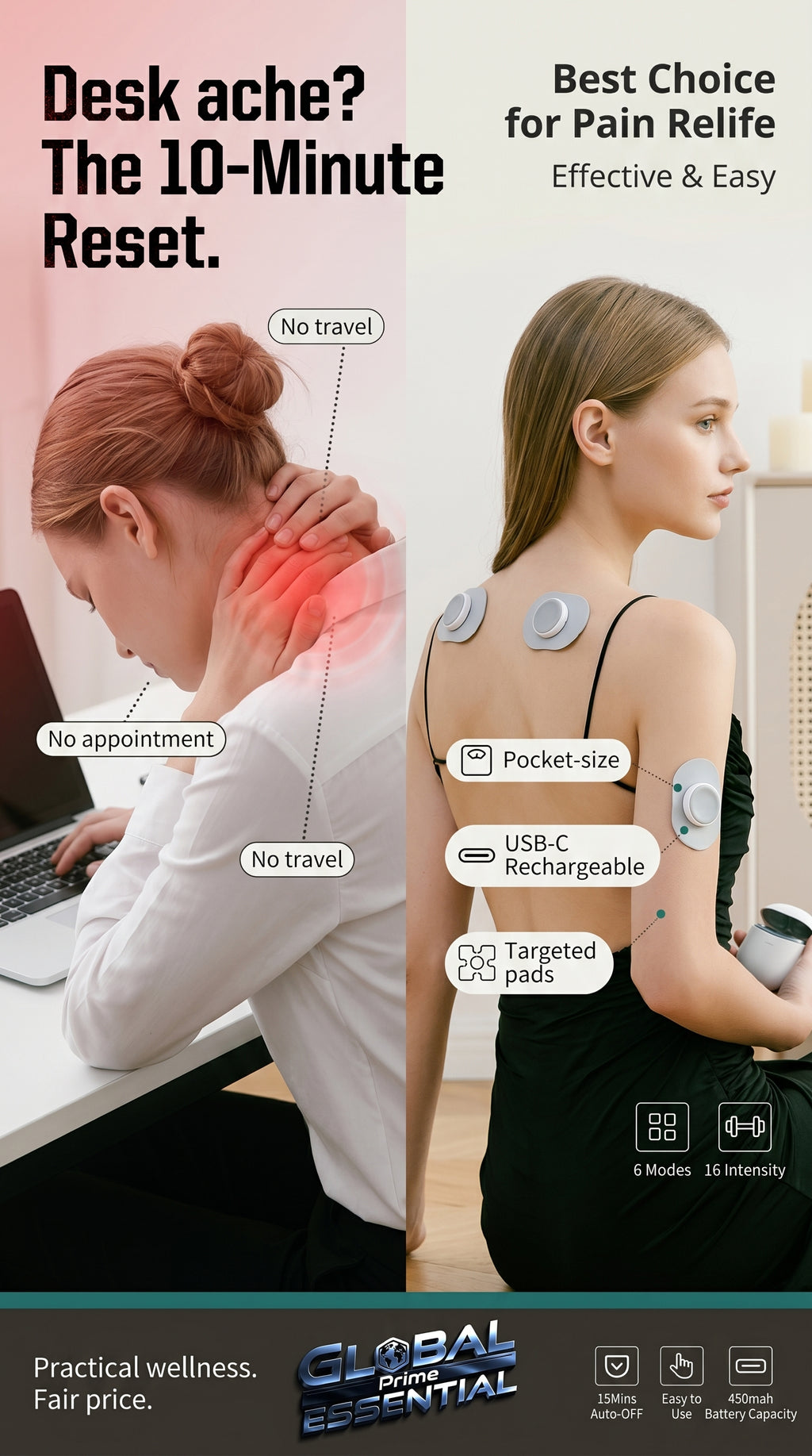 Global Prime Essential Portable Pulse EMS Massager on a desk, showcasing its compact design for quick muscle relief.