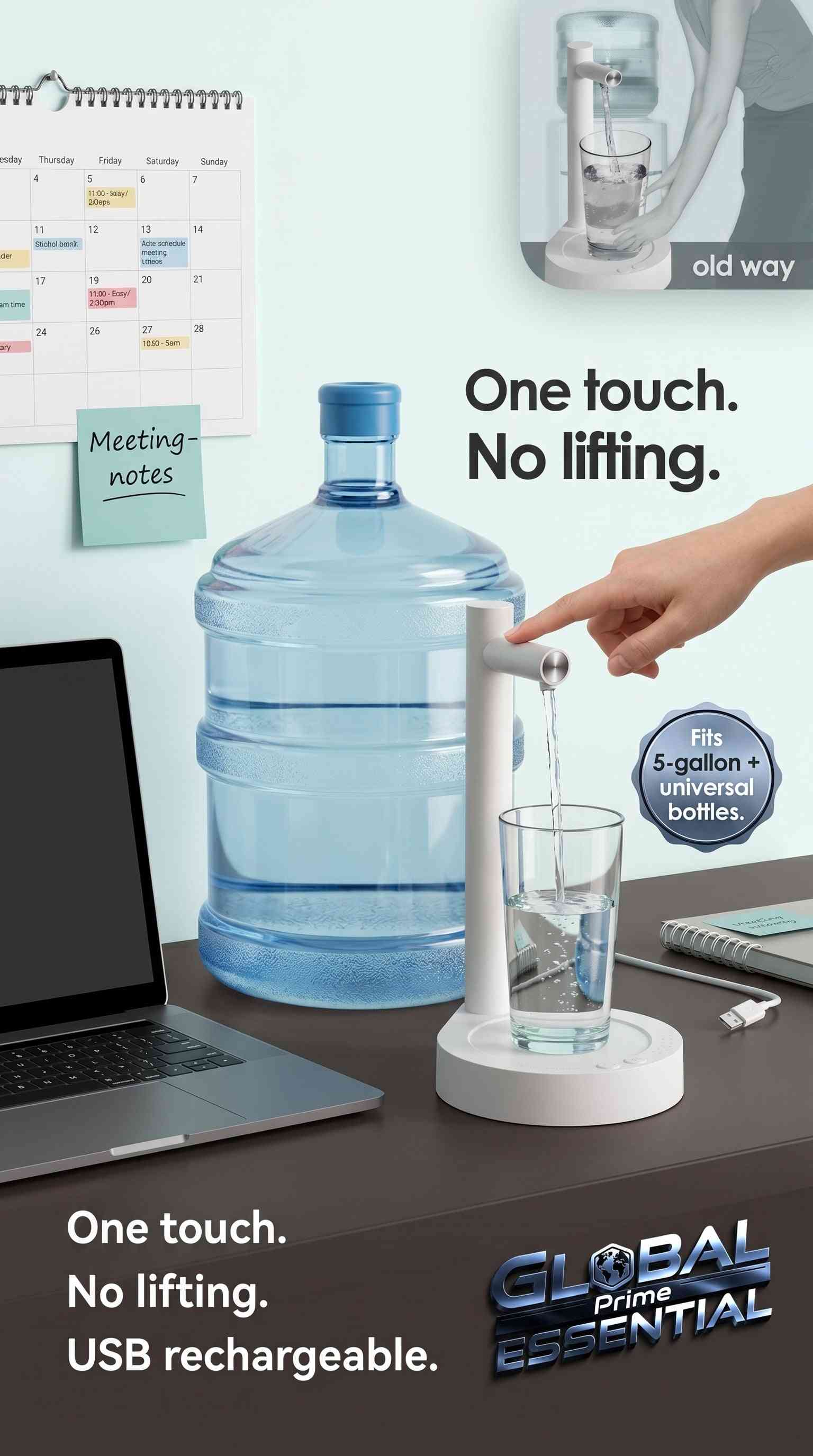 Global Prime Essential automatic electric water dispenser pump on a desktop, USB rechargeable, fits 5-gallon and universal bottles.