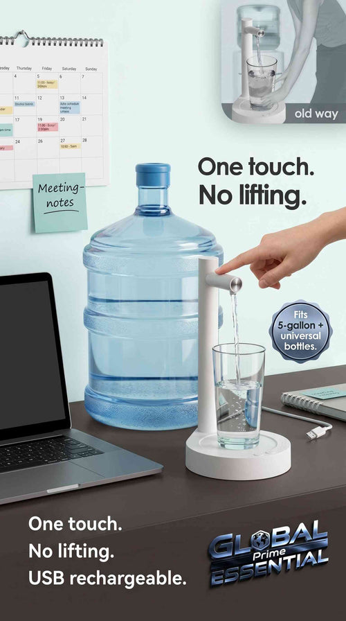 Global Prime Essential automatic electric water dispenser pump on a desktop, USB rechargeable, fits 5-gallon and universal bottles.