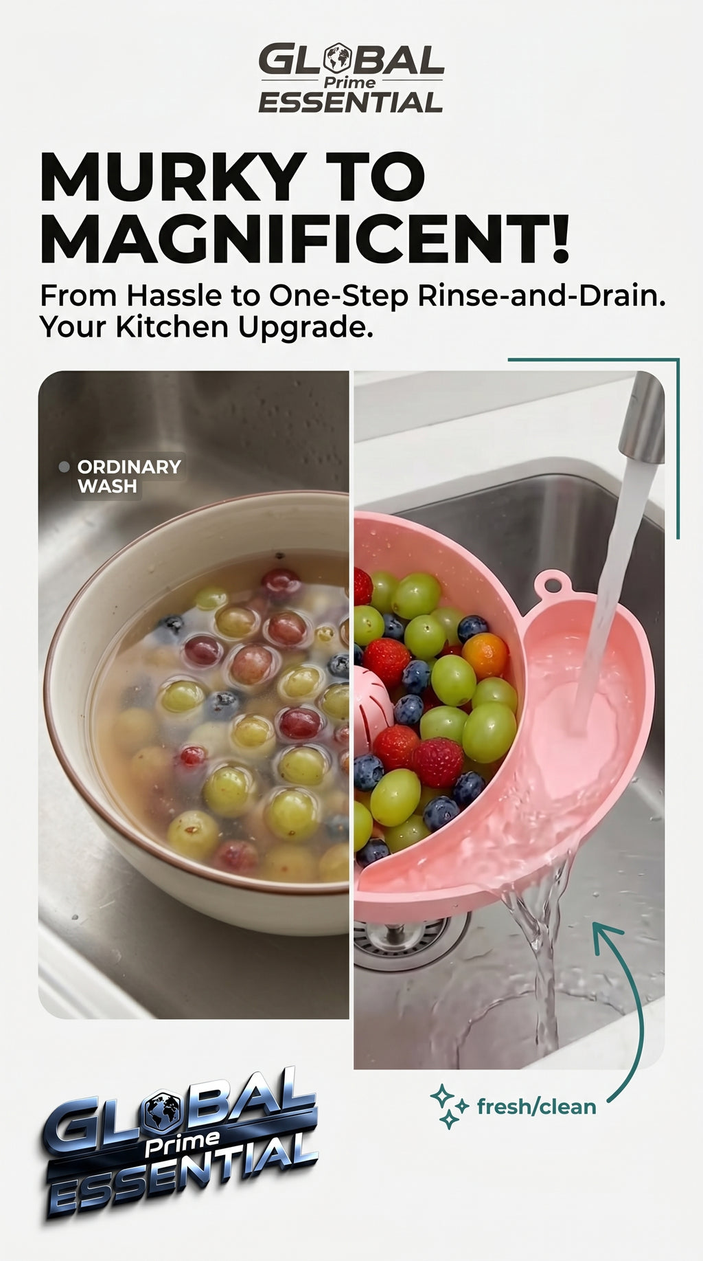 Global Prime Essential fruit and vegetable washing bowl with clean produce, showing fresh, rinsed fruits and vegetables after washing.