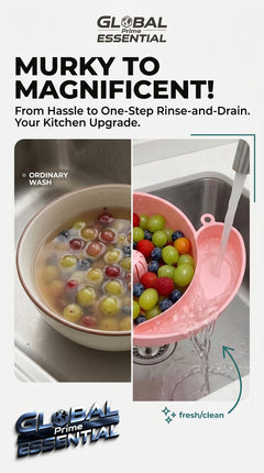 Global Prime Essential fruit and vegetable washing bowl with clean produce, showing fresh, rinsed fruits and vegetables after washing.