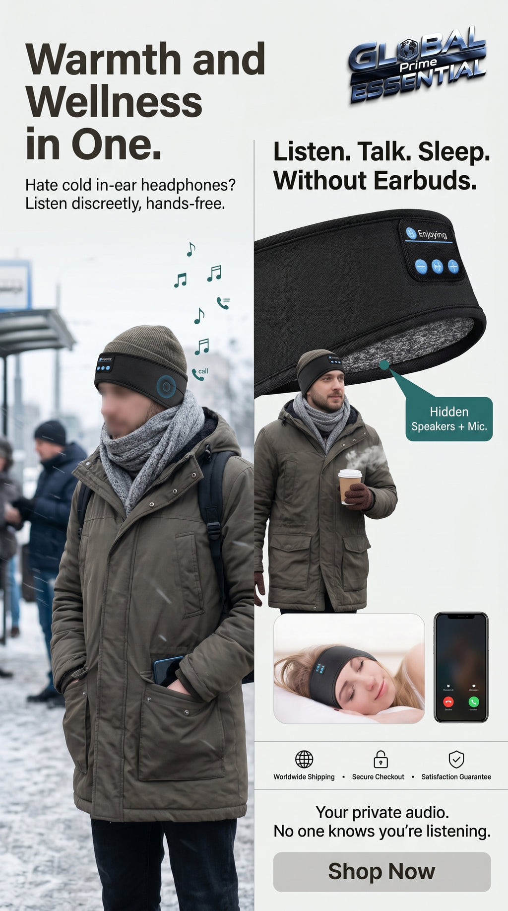 Bluetooth headscarf by Global Prime Essential with built-in speakers, providing wireless music and calls for outdoor comfort.