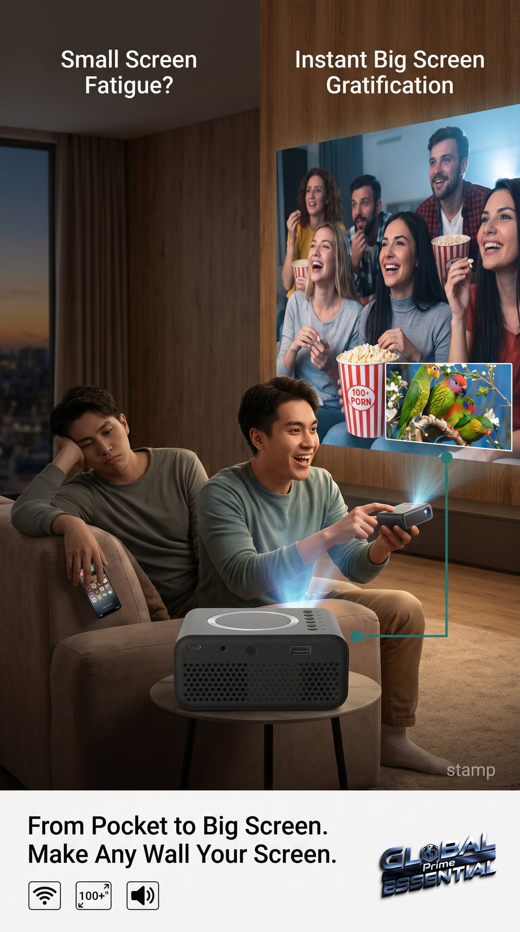 Mini LED wireless projector by Global Prime Essential displaying a large image on a wall, compact design for portable home entertainment.