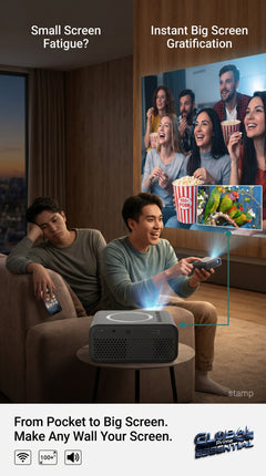 Mini LED wireless projector by Global Prime Essential displaying a large image on a wall, compact design for portable home entertainment.