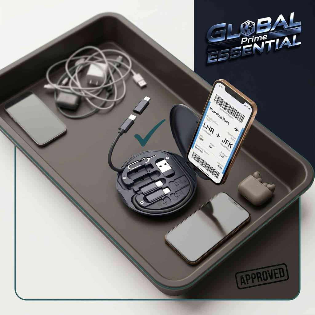 Global Prime Essential multi charging adapter kit with USB-C, Lightning, Micro USB, and USB-A cables for versatile device charging.