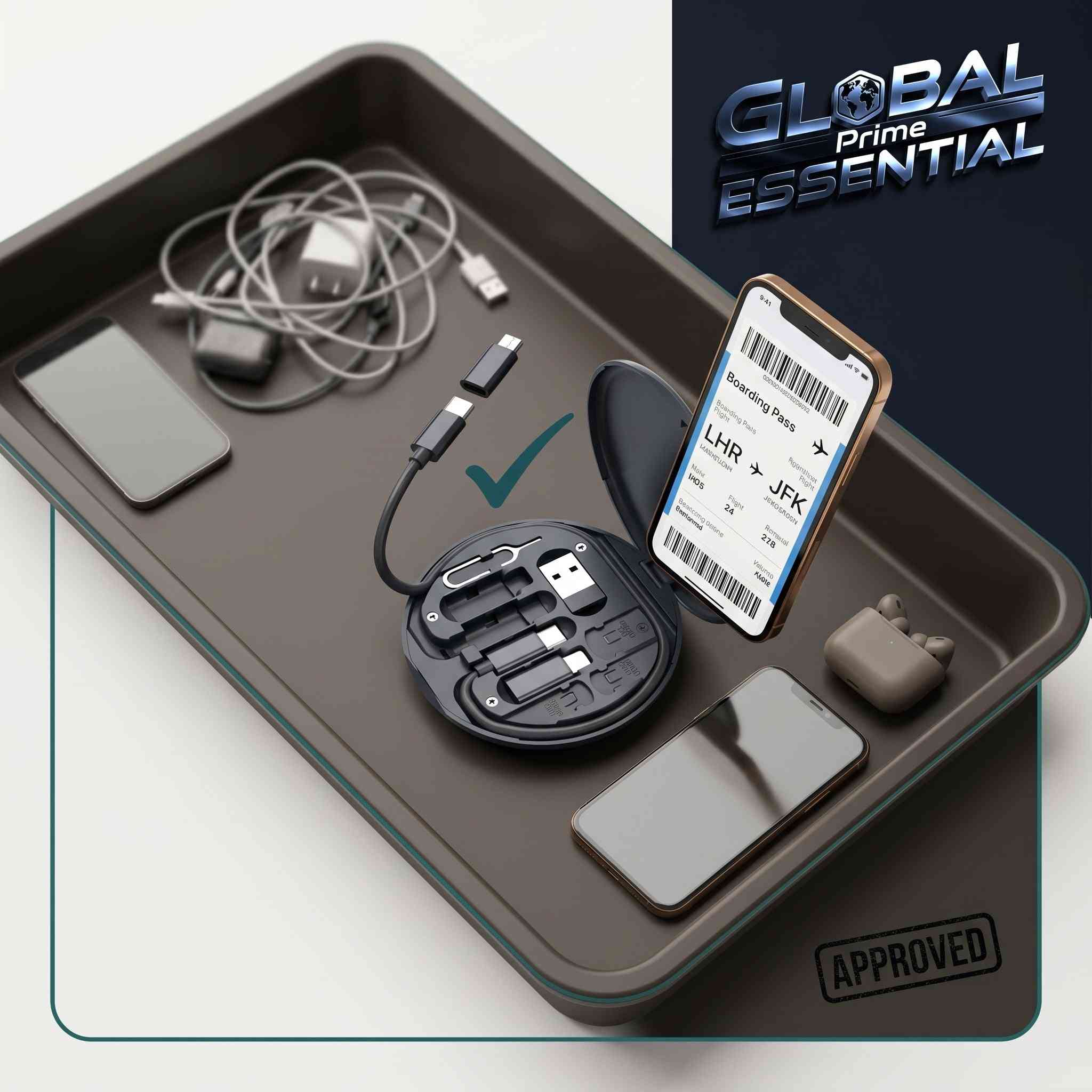 Global Prime Essential multi charging adapter kit with USB-C, Lightning, Micro USB, and USB-A cables for versatile device charging.