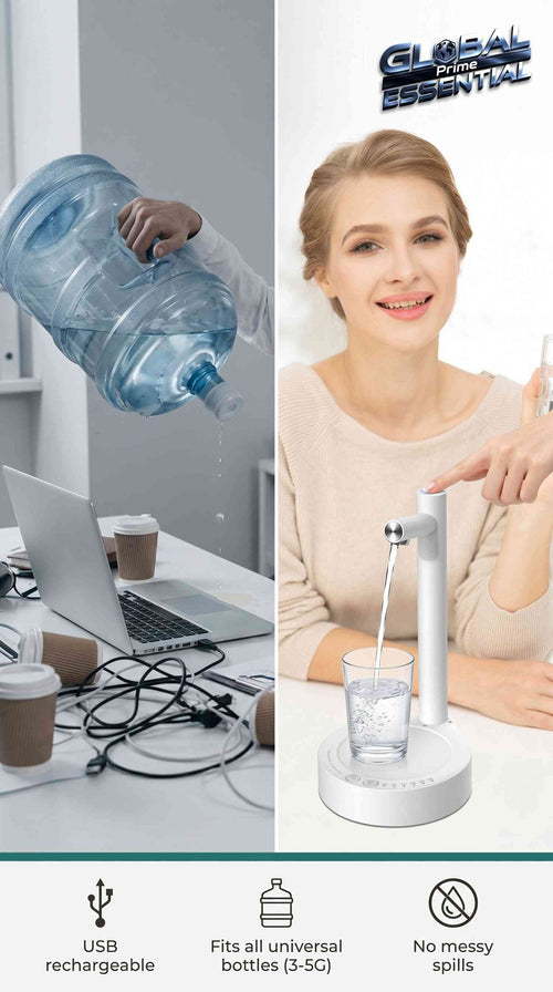 Global Prime Essential automatic electric water dispenser pump for 5-gallon and universal bottles, USB rechargeable kitchen gadget.