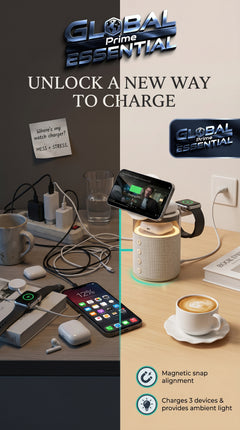 Global Prime Essential 5-in-1 magnetic wireless charging station with multiple device dock for desk and nightstand.