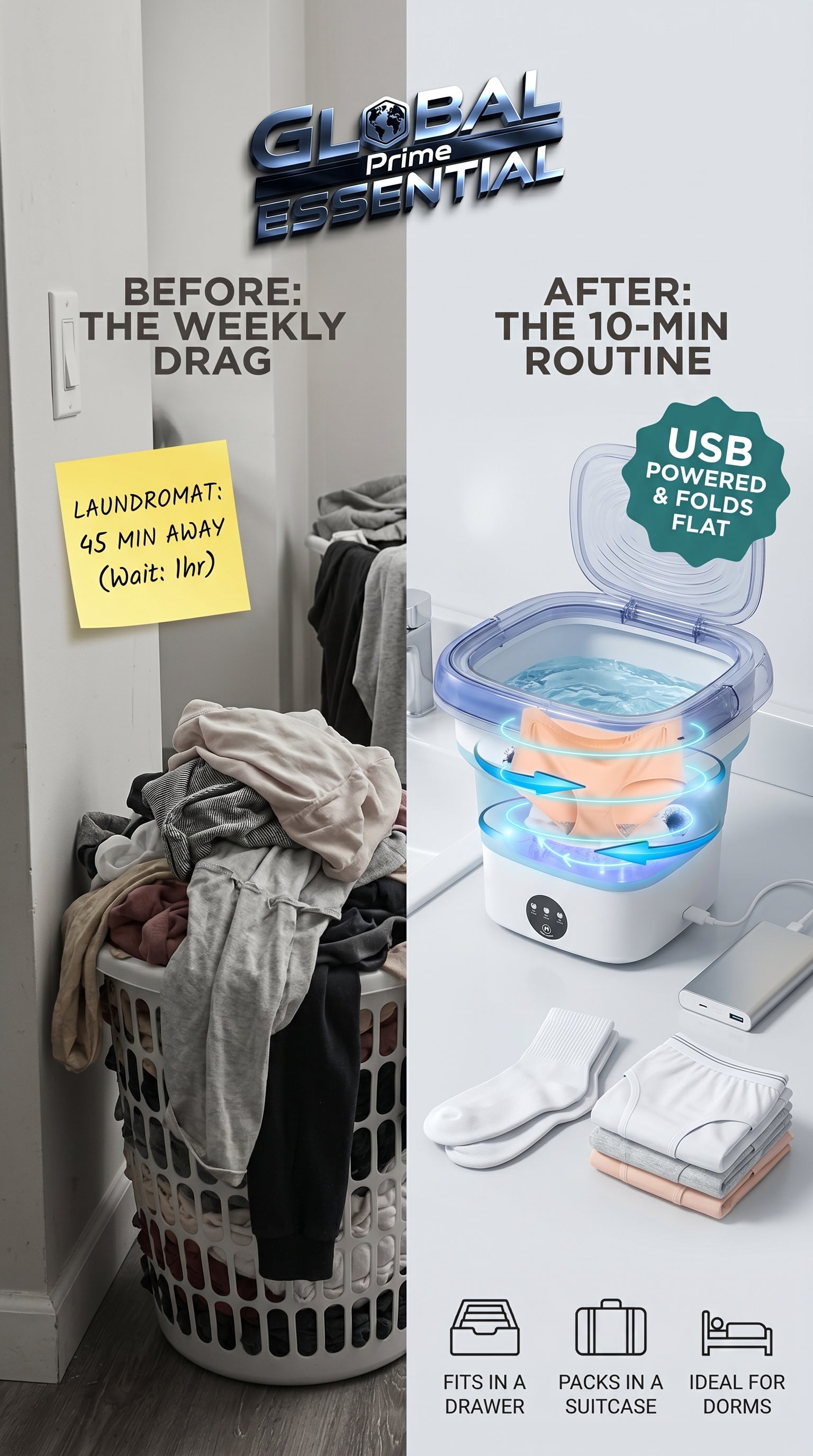 Global Prime Essential folding washing machine compact and portable for convenient laundry anywhere, shown in a modern home setting.