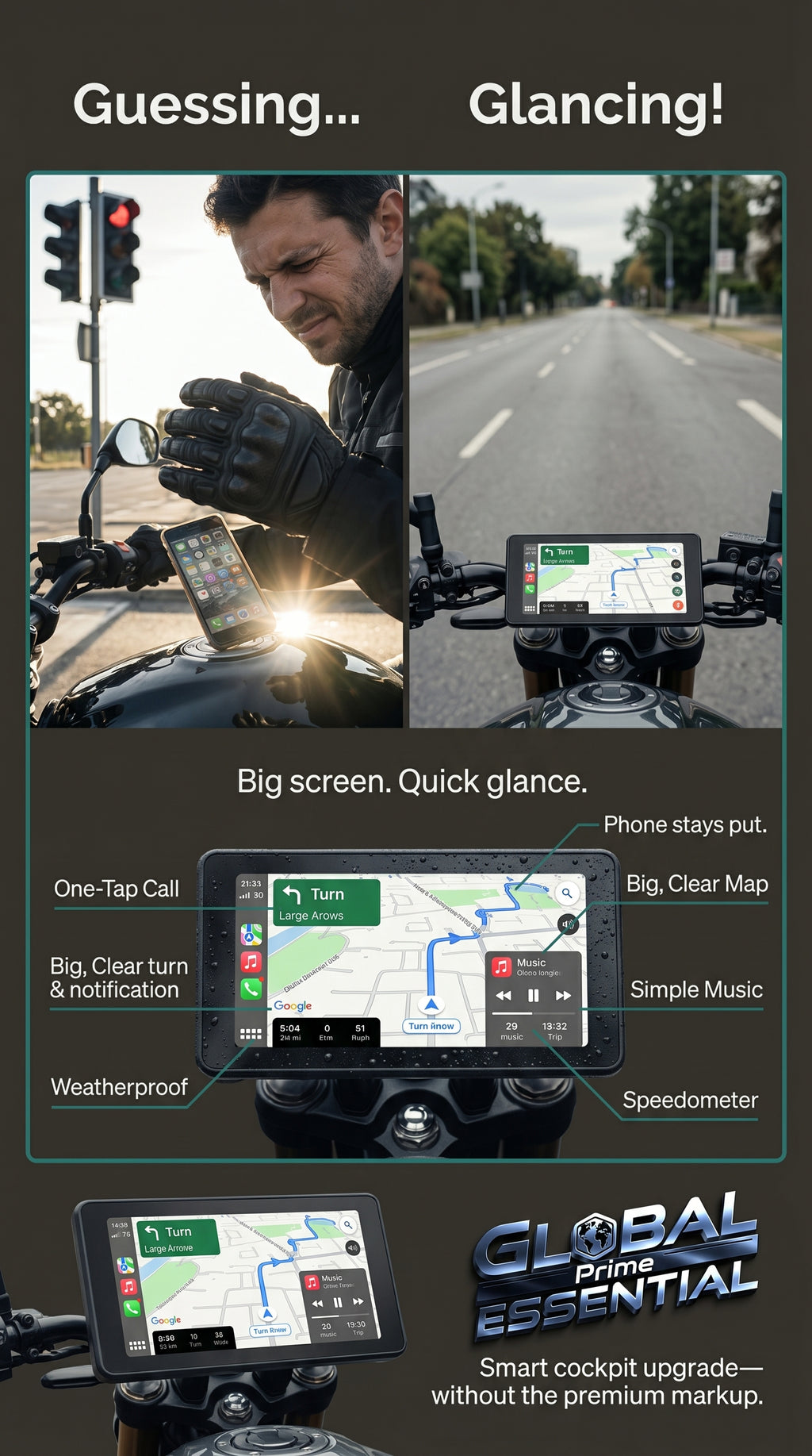 7-inch motorcycle display screen from Global Prime Essential, showcasing a sleek motorcycle accessory for clear ride information.