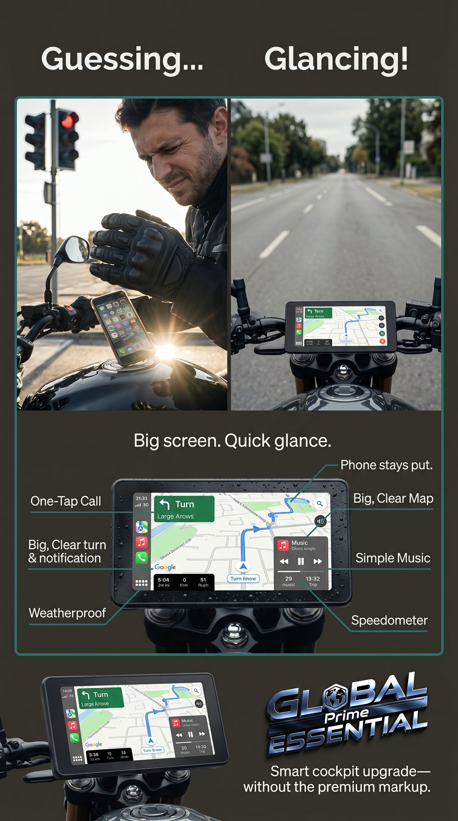 7-inch motorcycle display screen from Global Prime Essential, showcasing a sleek motorcycle accessory for clear ride information.