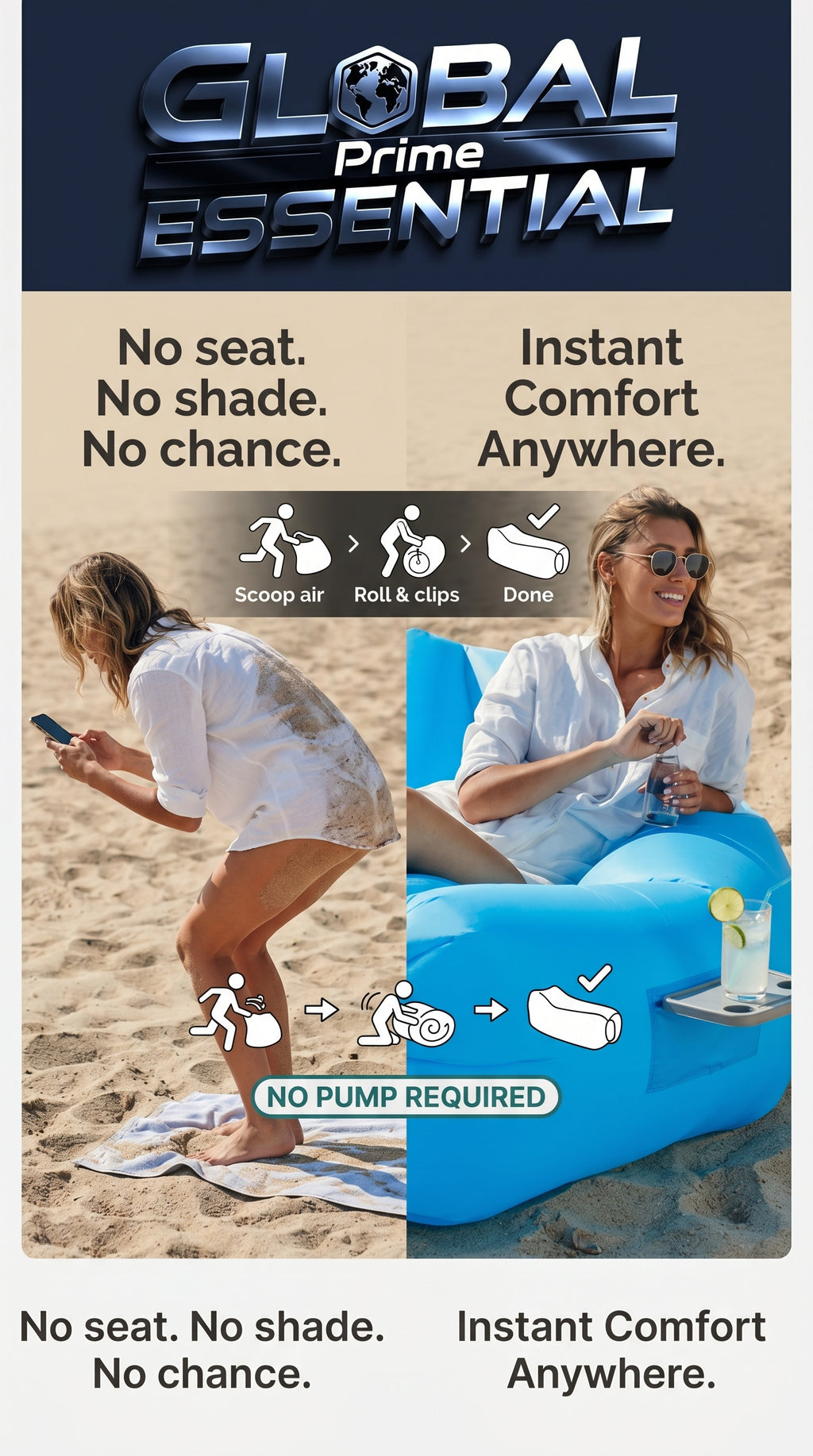 Global Prime Essential inflatable lounger on a beach, perfect for relaxing and lounging comfortably outdoors.
