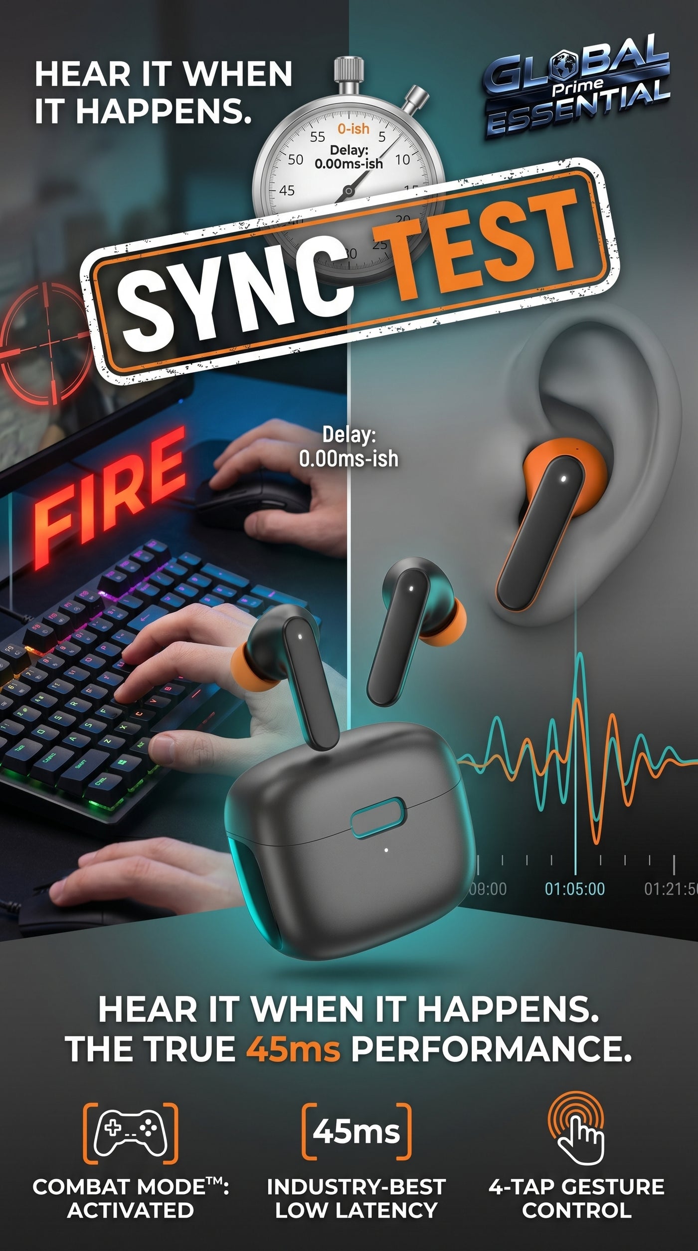 Global Prime Essential TWS Bluetooth earphones with ultra-low latency for seamless gaming audio and clear sound.