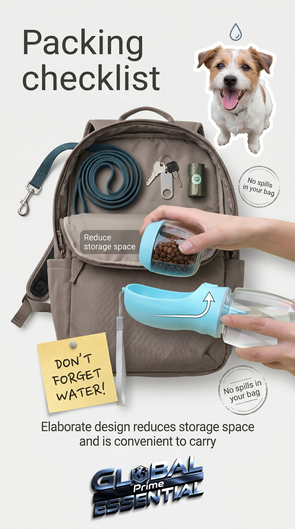 Portable pet water bottle from Global Prime Essential with a dog drinking from a spill-proof dispenser.