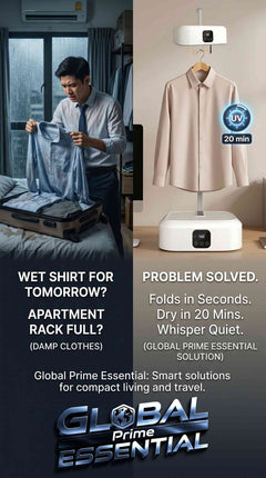 Portable Global Prime Essential electric clothes dryer with UV light, foldable design, ideal for travel and small apartments.