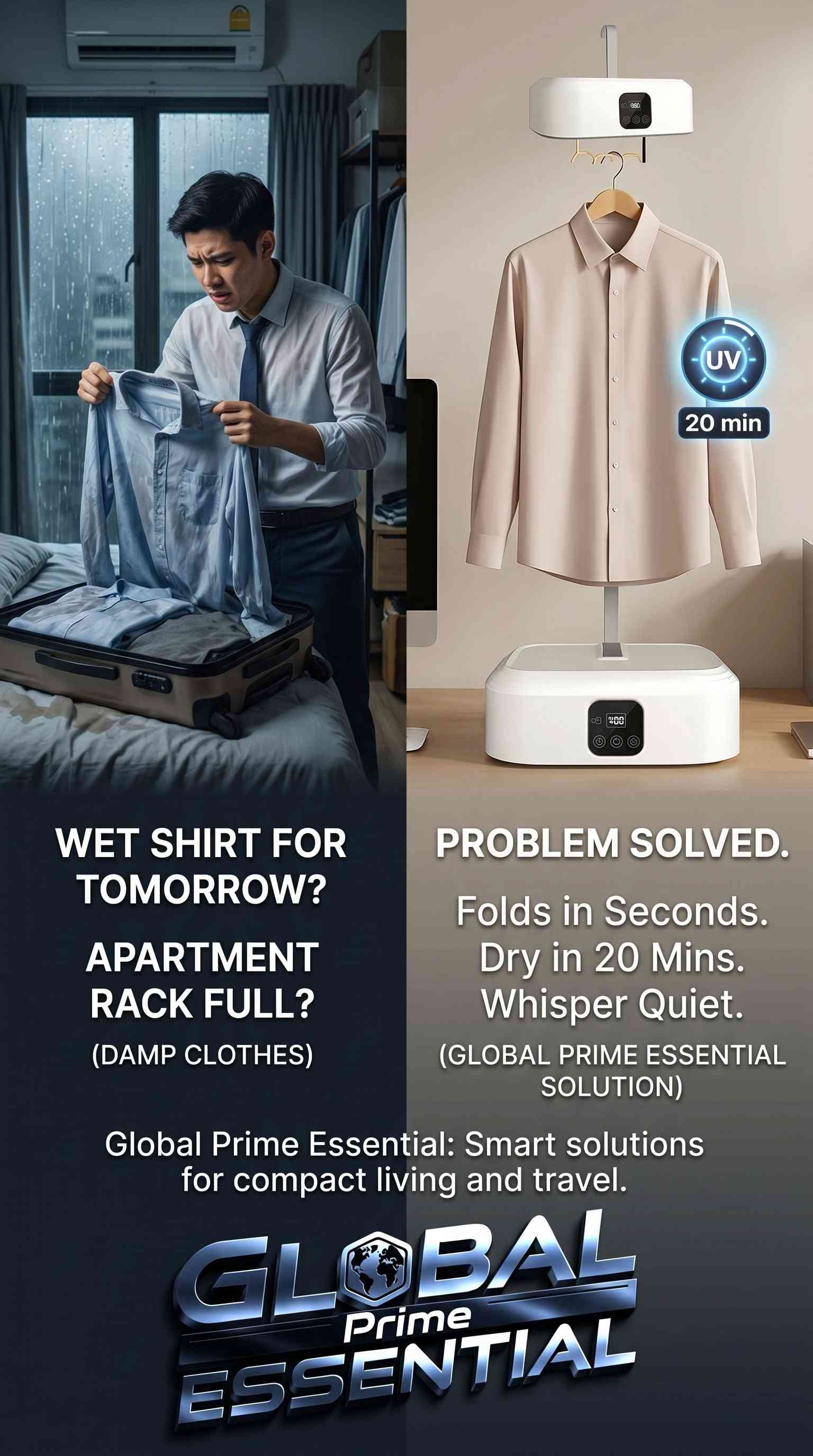 Portable Global Prime Essential electric clothes dryer with UV light, foldable design, ideal for travel and small apartments.