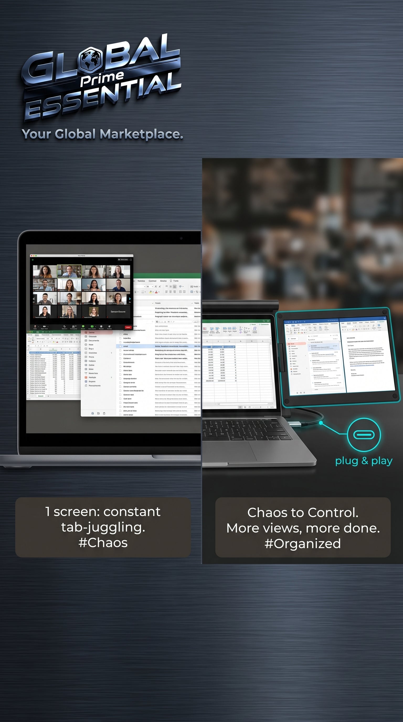 Global Prime Essential portable dual screen monitor for laptops showing two screens connected to a laptop for enhanced productivity.
