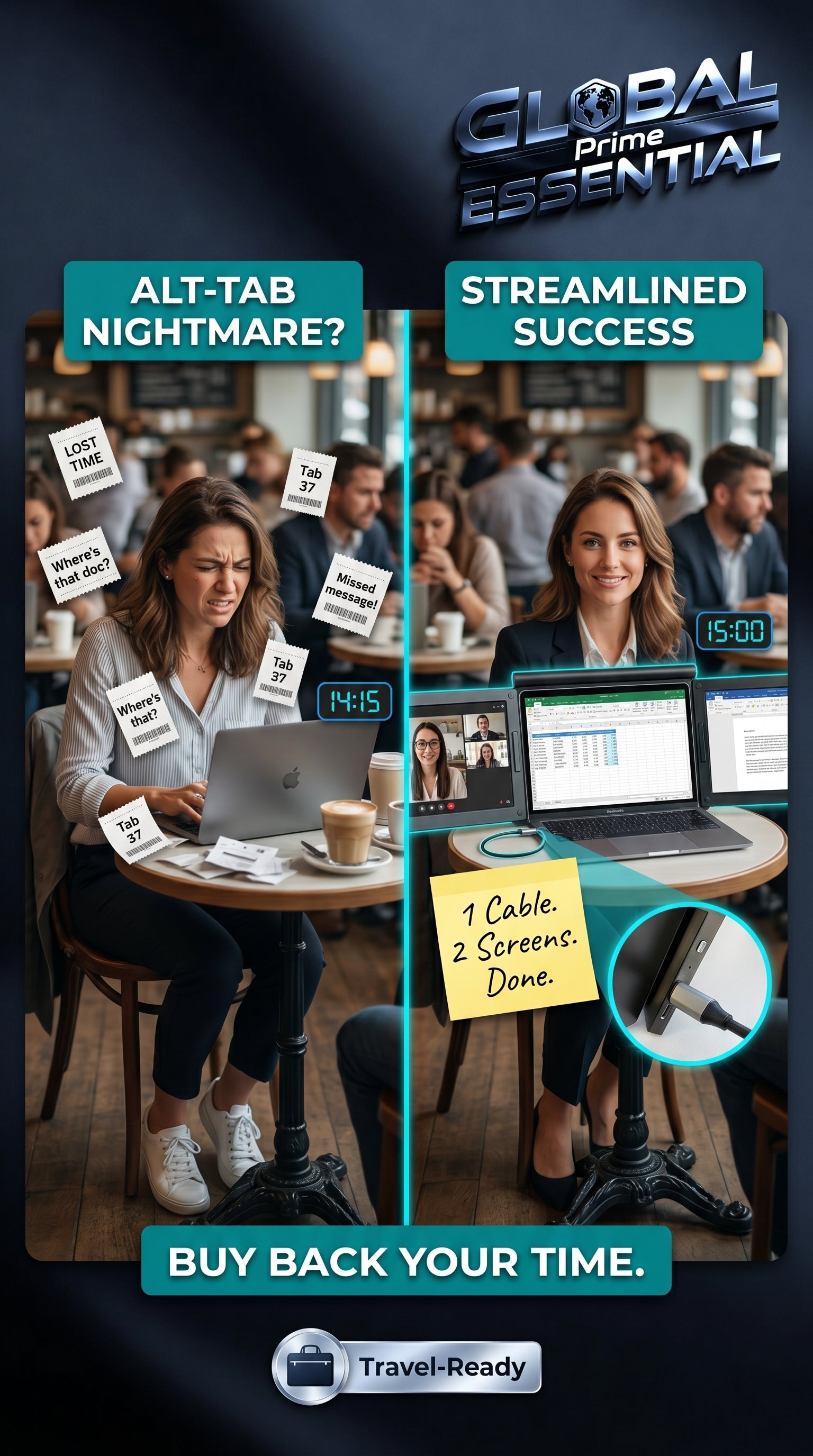 Global Prime Essential portable dual screen monitor attached to a laptop, enhancing workspace with a second display.