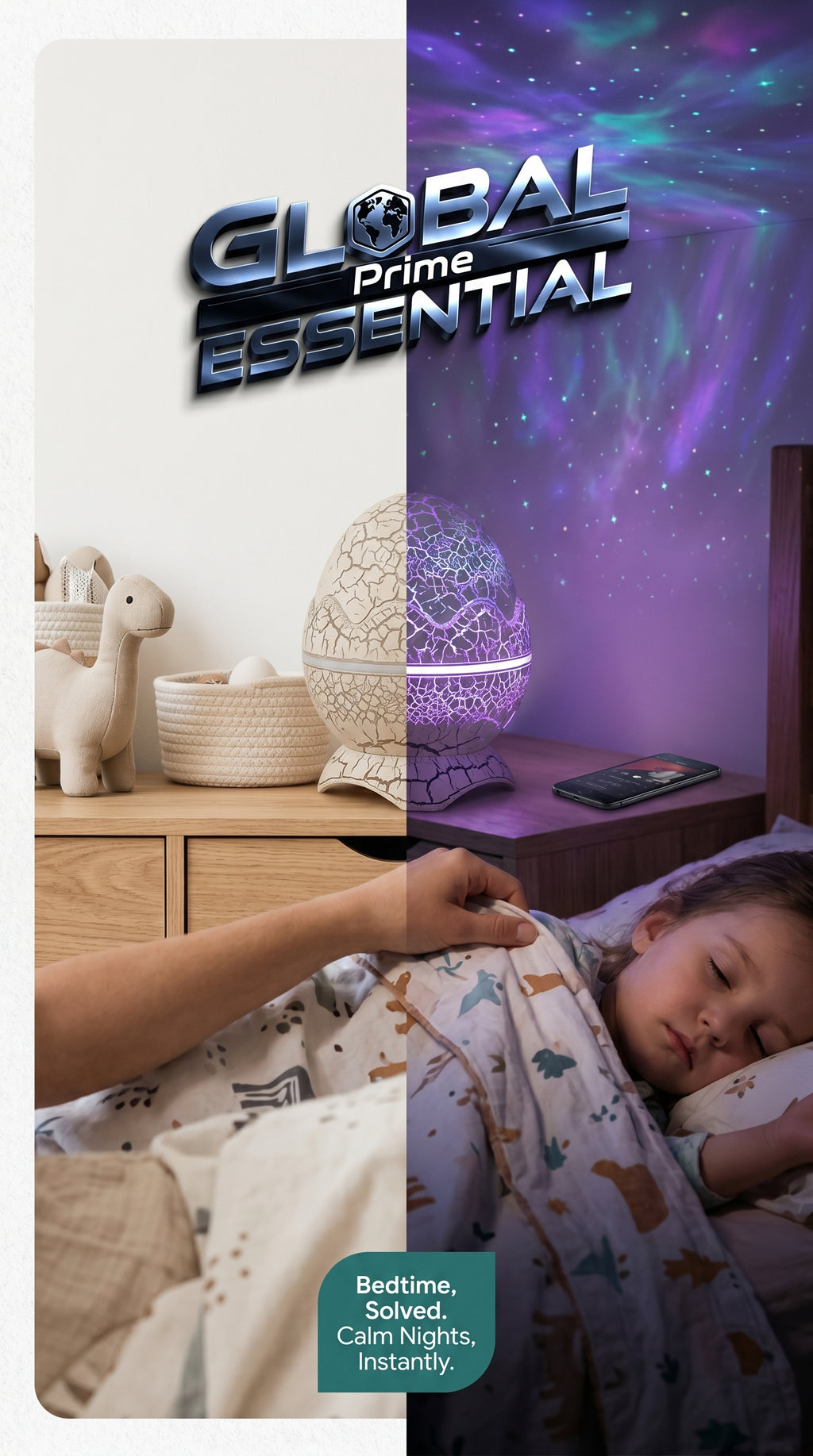 Global Prime Essential Dinosaur Egg Galaxy Projector displaying colorful starry sky for kids' bedtime night light.