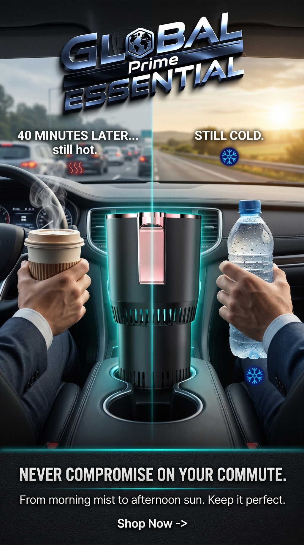 Global Prime Essential cooling and heating car cup holder with drinks staying perfect during commutes and after.