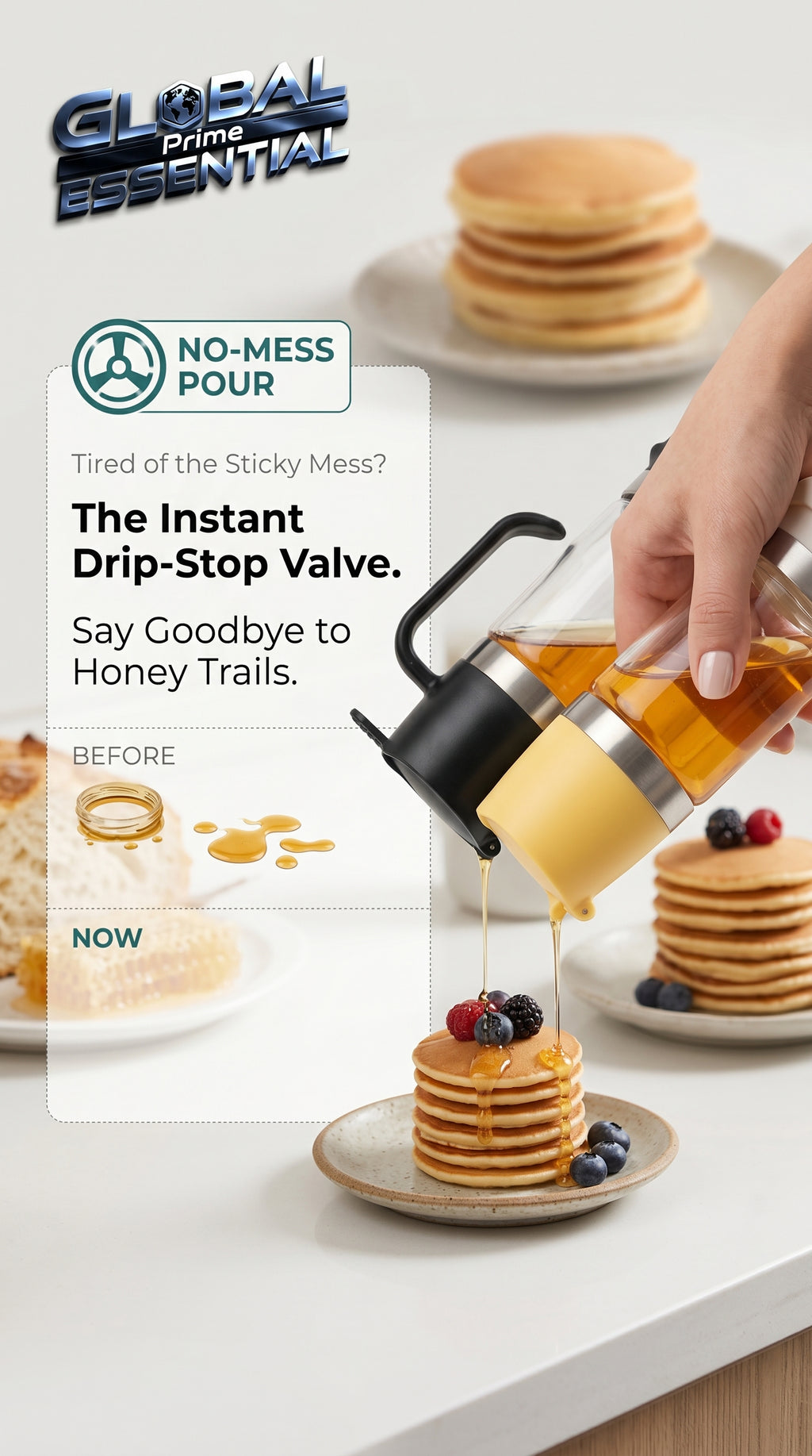 Global Prime Essential honey dispenser with handle, drip-free design, perfect for kitchen use and easy honey pouring.