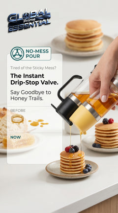 Global Prime Essential honey dispenser with handle, drip-free design, perfect for kitchen use and easy honey pouring.