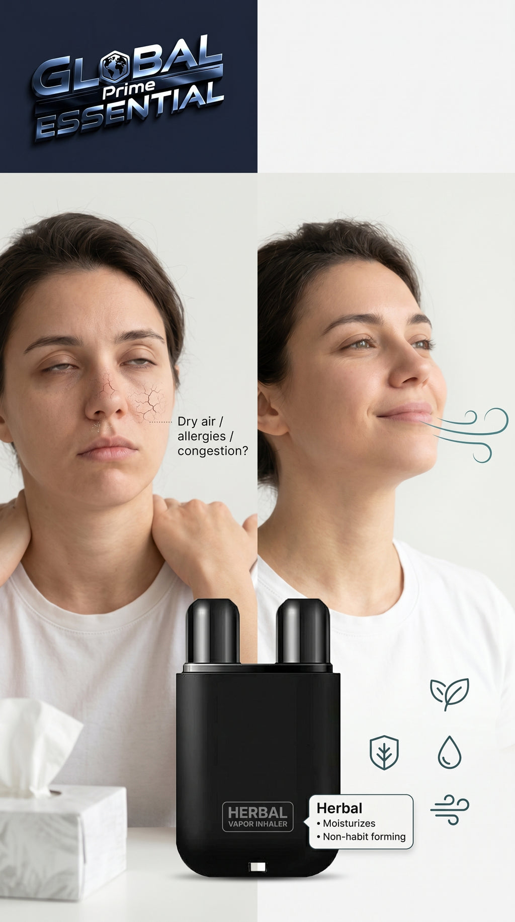 Herbal Repair Nasal Box by Global Prime Essential showing herbal ingredients for dry air and allergy relief in a natural setting