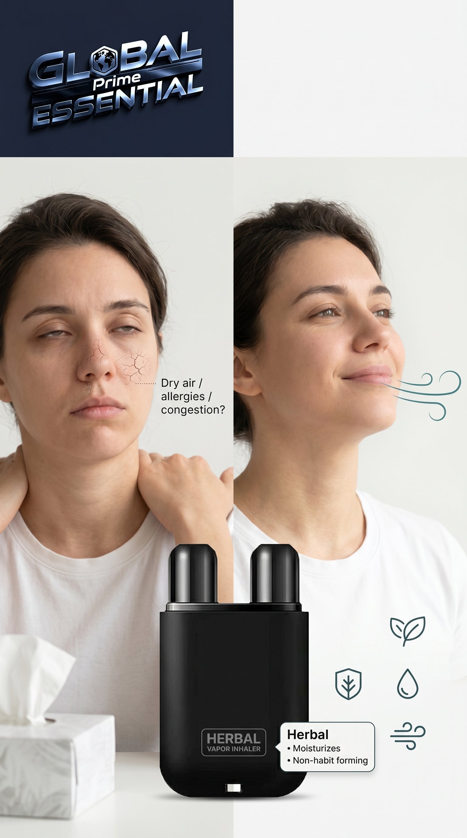 Herbal Repair Nasal Box by Global Prime Essential showing herbal ingredients for dry air and allergy relief in a natural setting