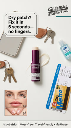 Global Prime Essential Calcium Multi Balm Collagen Stick applied to a dry patch for quick firming and hydrating skincare treatment