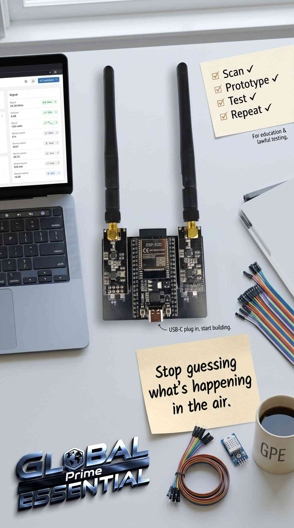 ESP32 DevKitC IoT development kit with NRF24L01 wireless modules, WiFi, and Bluetooth components on a circuit board.
