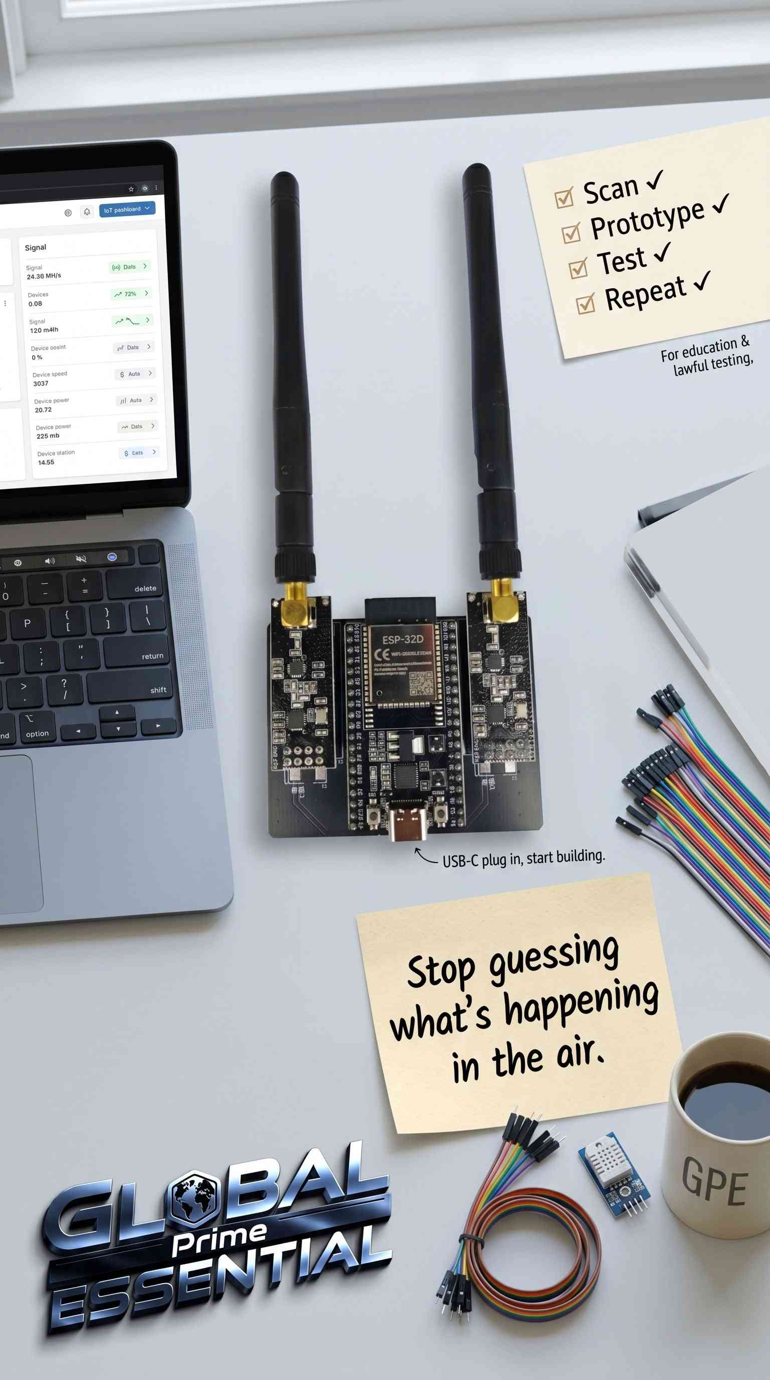 ESP32 DevKitC IoT development kit with NRF24L01 wireless modules, WiFi, and Bluetooth components on a circuit board.
