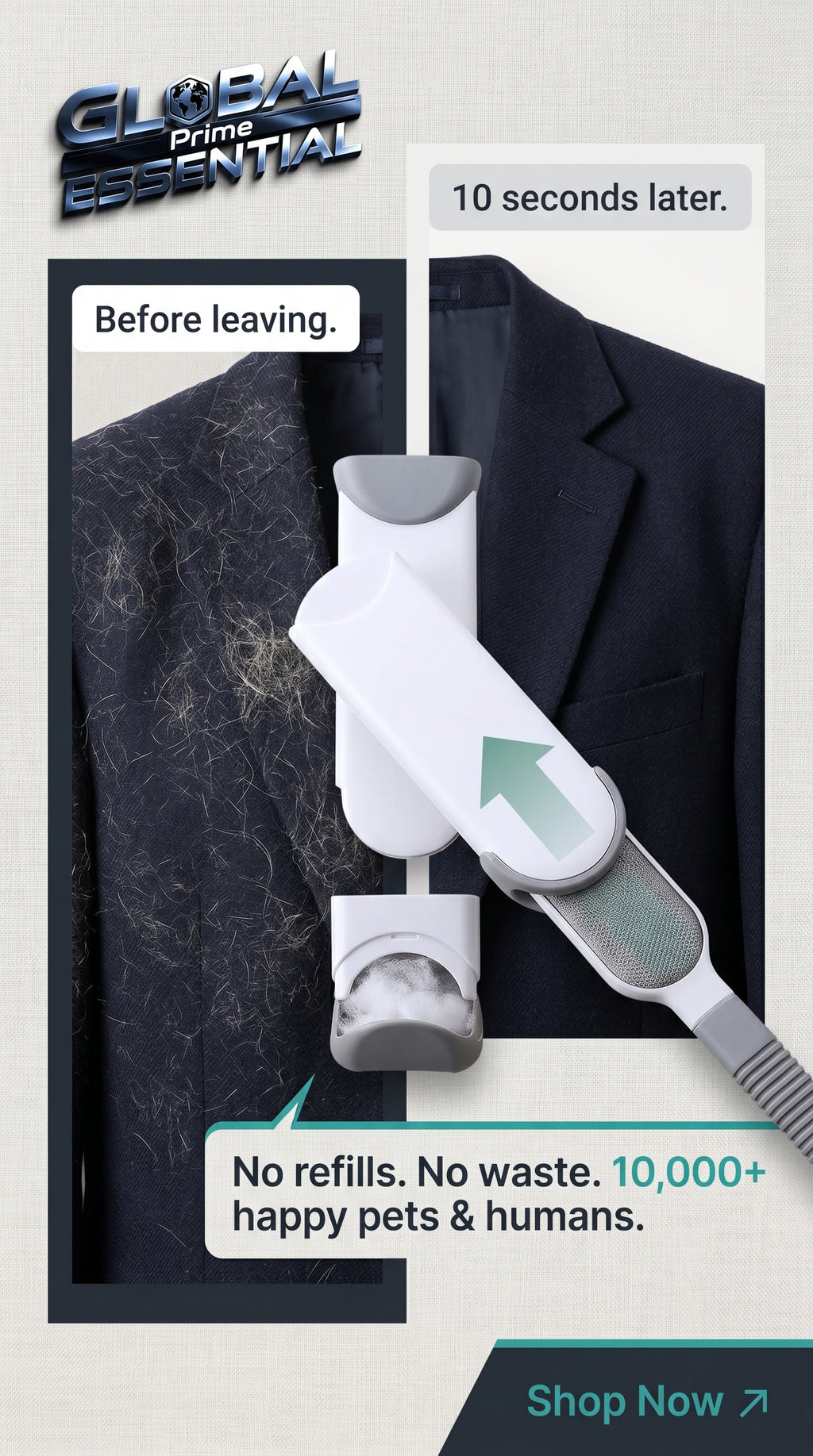 Global Prime Essential self-cleaning lint remover brush for pet hair and lint, reusable cleaning tool with no refills needed.
