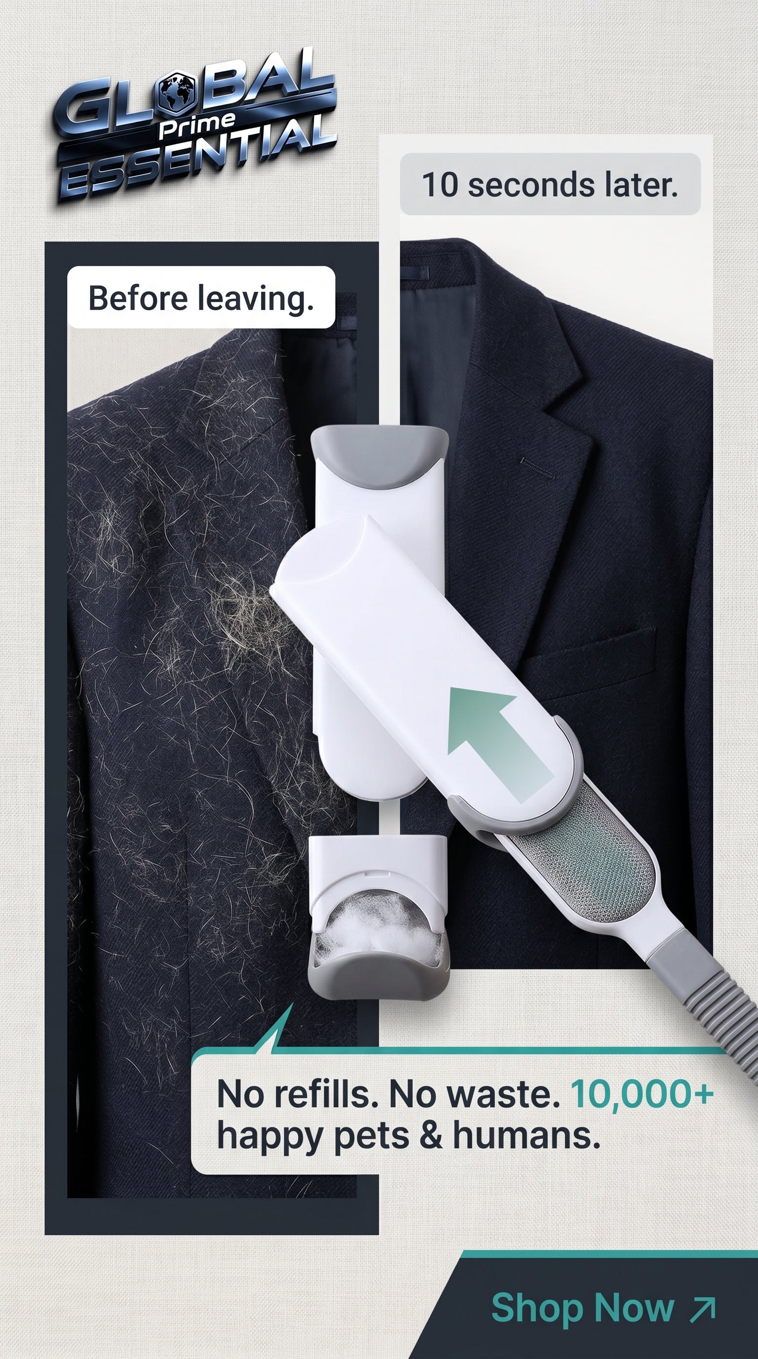 Global Prime Essential self-cleaning lint remover brush for pet hair and lint, reusable cleaning tool with no refills needed.