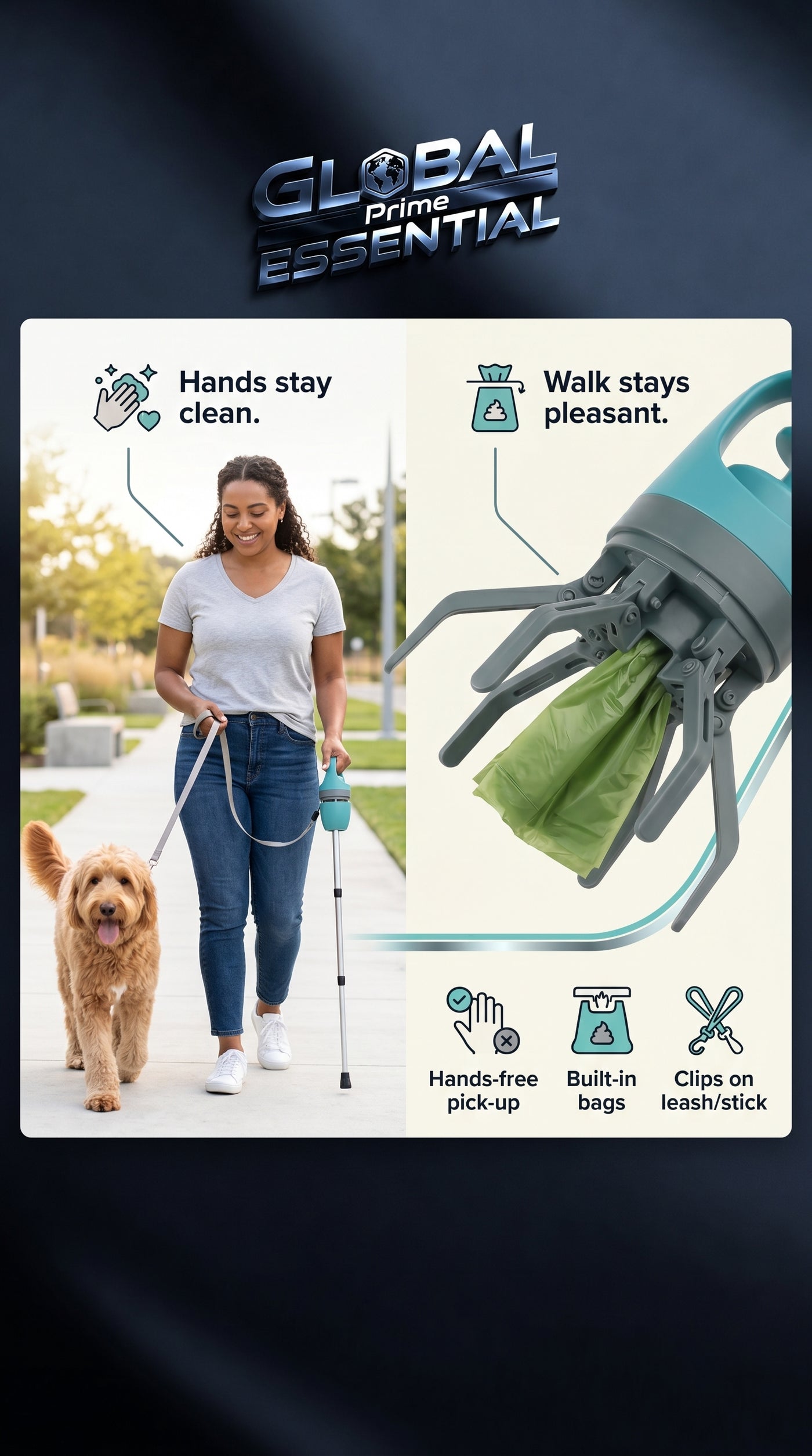 Global Prime Essential portable dog poop scooper in use, making outdoor cleanup easy during pleasant walks.