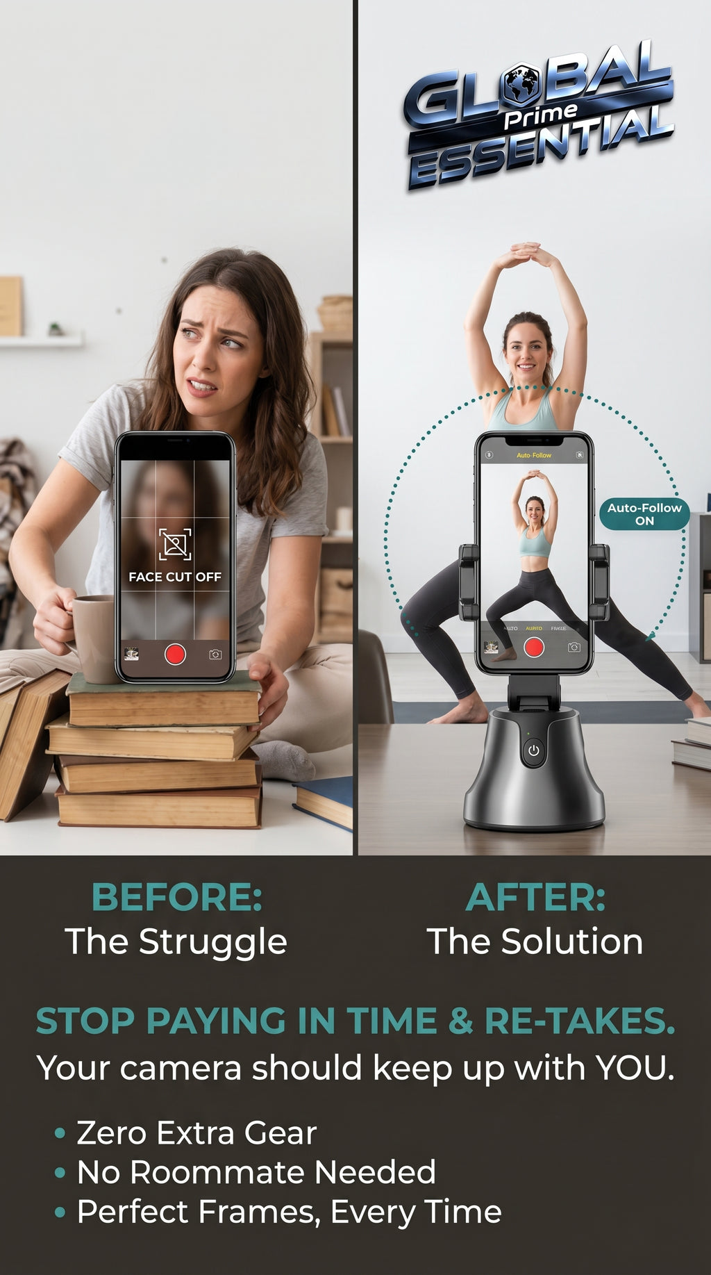 Global Prime Essential face tracking phone holder with 360° auto-follow stand for videos and live streams, shown in use.