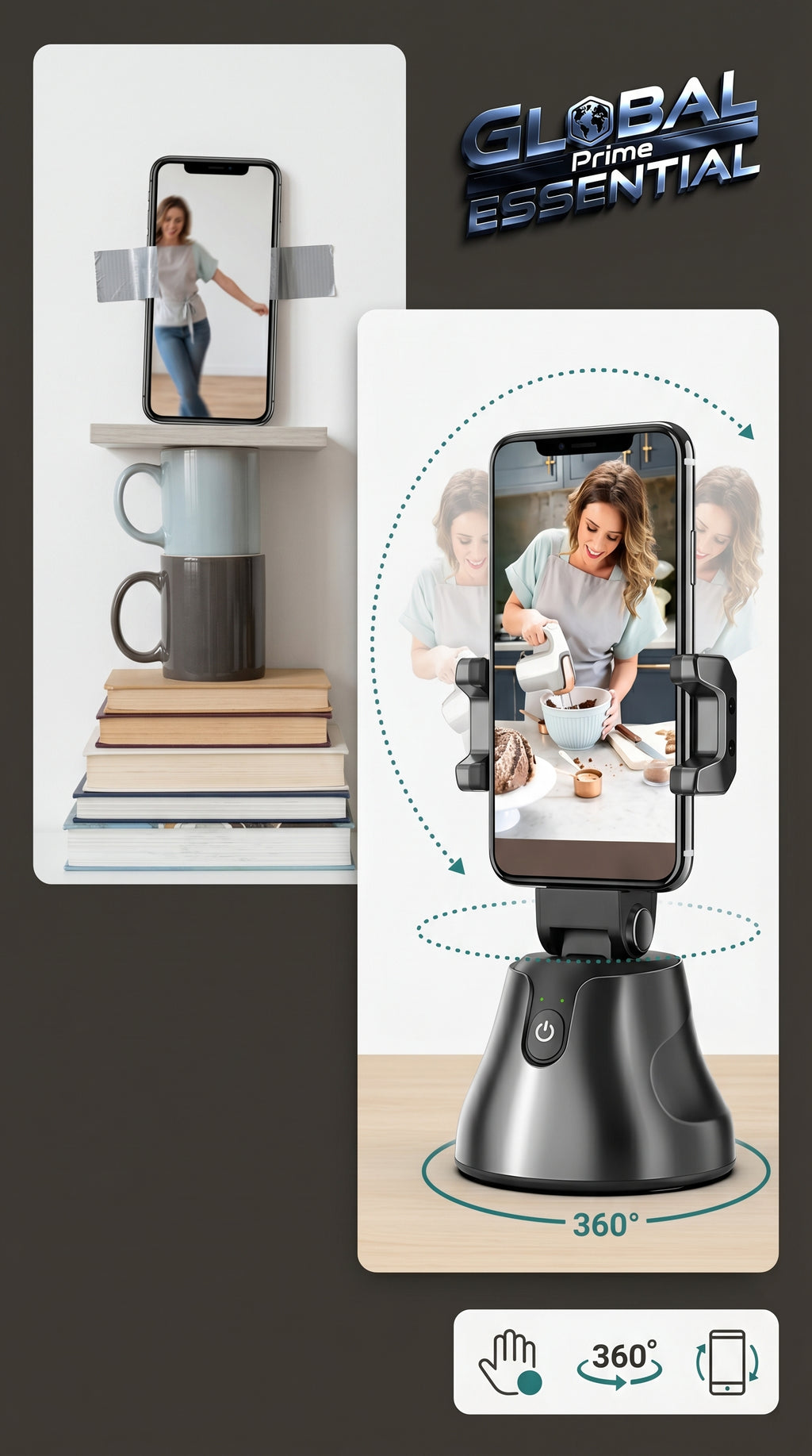 Global Prime Essential face tracking phone holder with 360° auto-follow stand for seamless video and live stream recording.