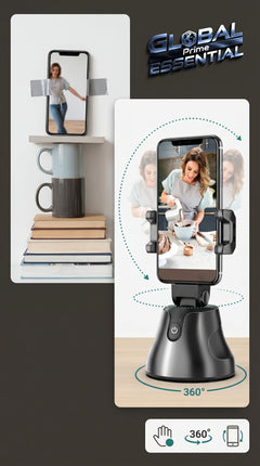 Global Prime Essential face tracking phone holder with 360° auto-follow stand for seamless video and live stream recording.