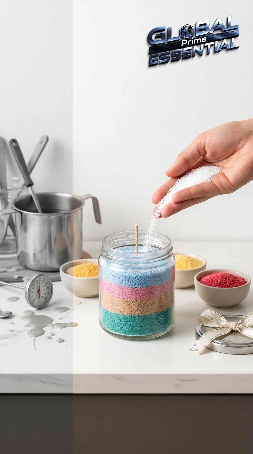 Colorful granular pearl candle wax by Global Prime Essential for DIY candle making, smoke-free, clean burn, available in 16 vibrant colors.