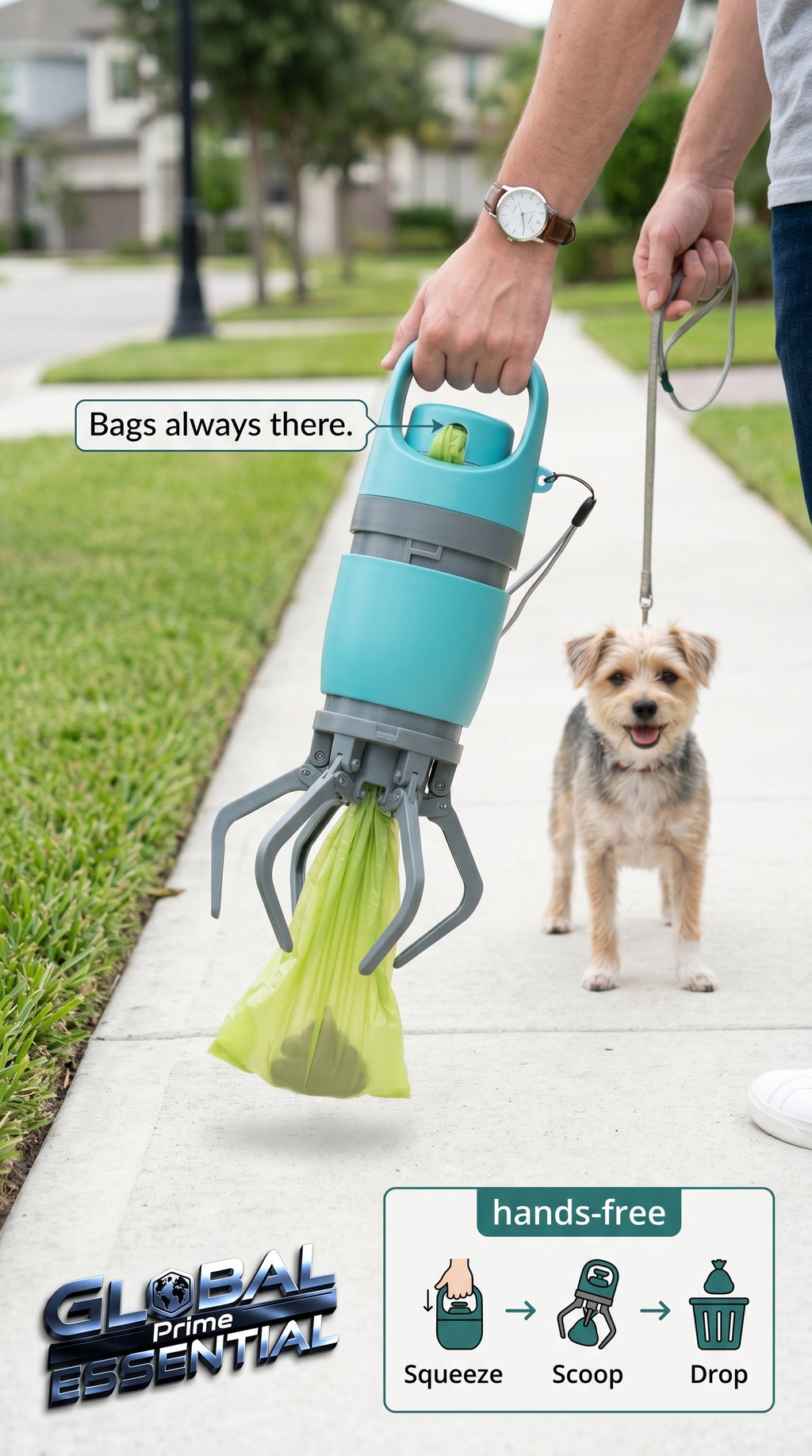 Global Prime Essential portable dog poop scooper for hands-free, effortless cleanup of pet waste.