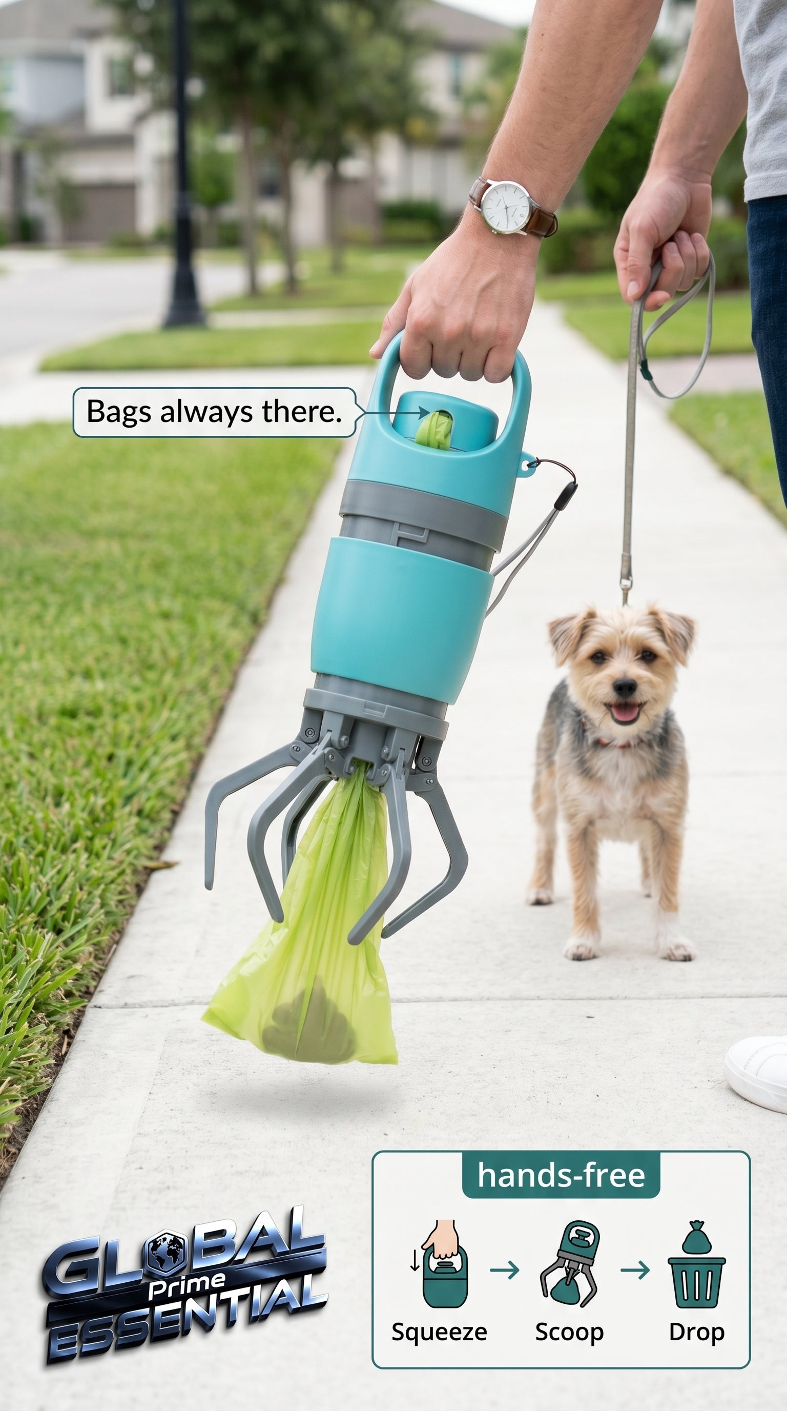 Global Prime Essential portable dog poop scooper for hands-free, effortless cleanup of pet waste.