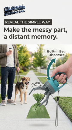 Global Prime Essential portable dog poop scooper in use, making outdoor cleanup easy and hands-free during walks.