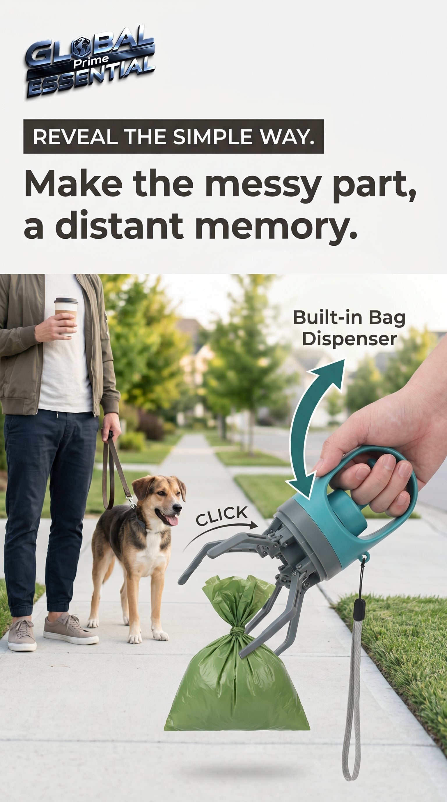 Global Prime Essential portable dog poop scooper in use, making outdoor cleanup easy and hands-free during walks.