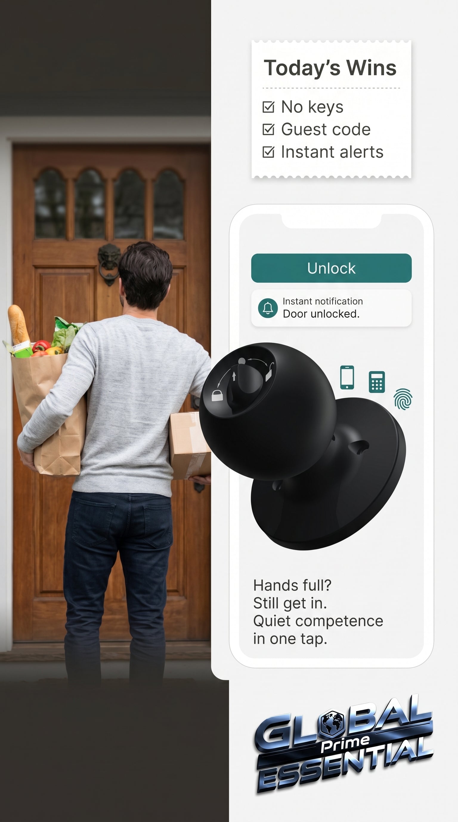 Global Prime Essential smart door knob with sleek design, offering effortless entry and ultimate control for secure home access.