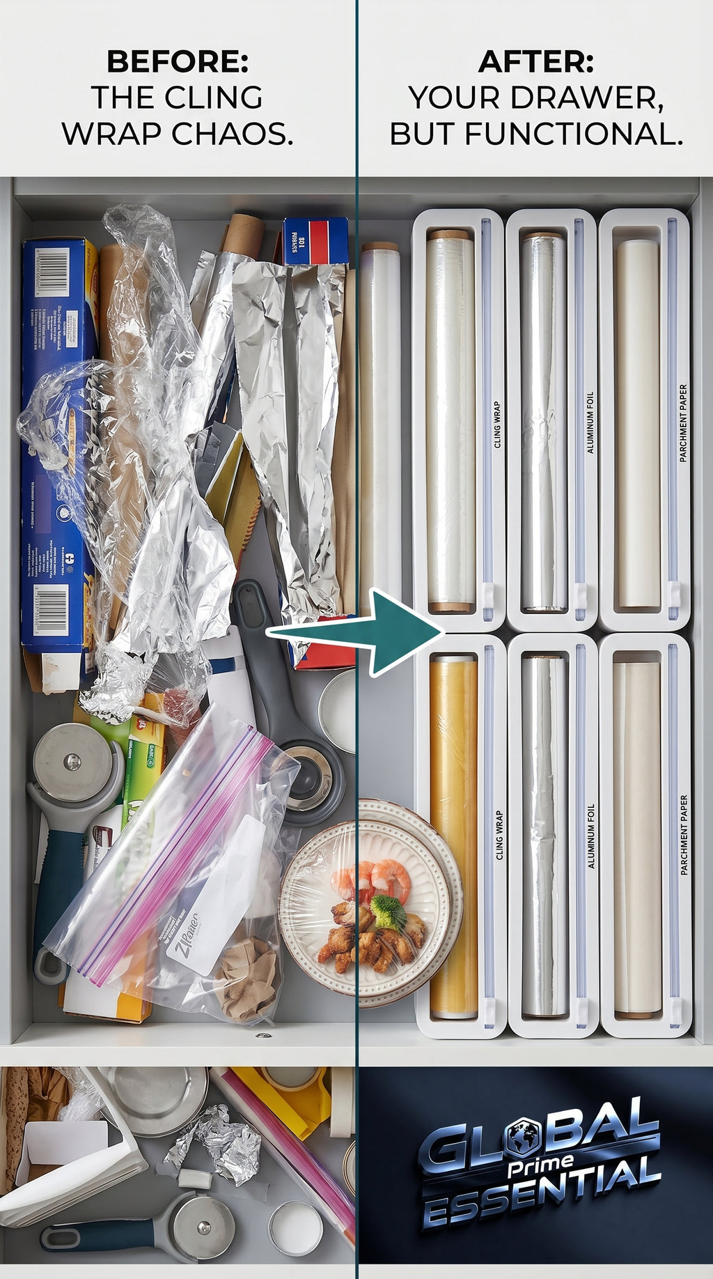 Global Prime Essential foil and plastic wrap organizer holding rolls of food wrap for easy use and storage.