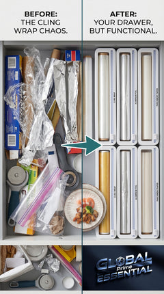 Global Prime Essential foil and plastic wrap organizer holding rolls of food wrap for easy use and storage.