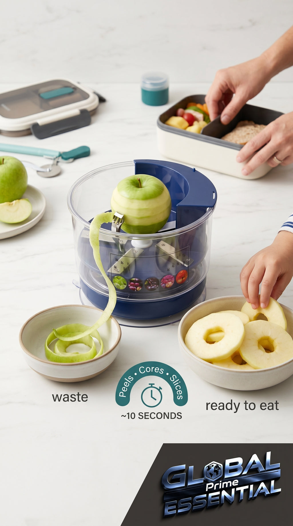 Global Prime Essential automatic fruit peeler machine removing skins from apples and pears for quick, easy fruit preparation.