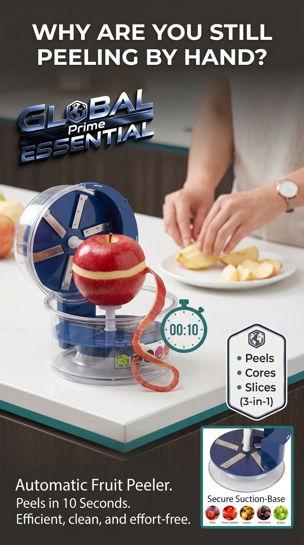 Global Prime Essential automatic fruit peeler machine peeling apples effortlessly for quick fruit preparation.