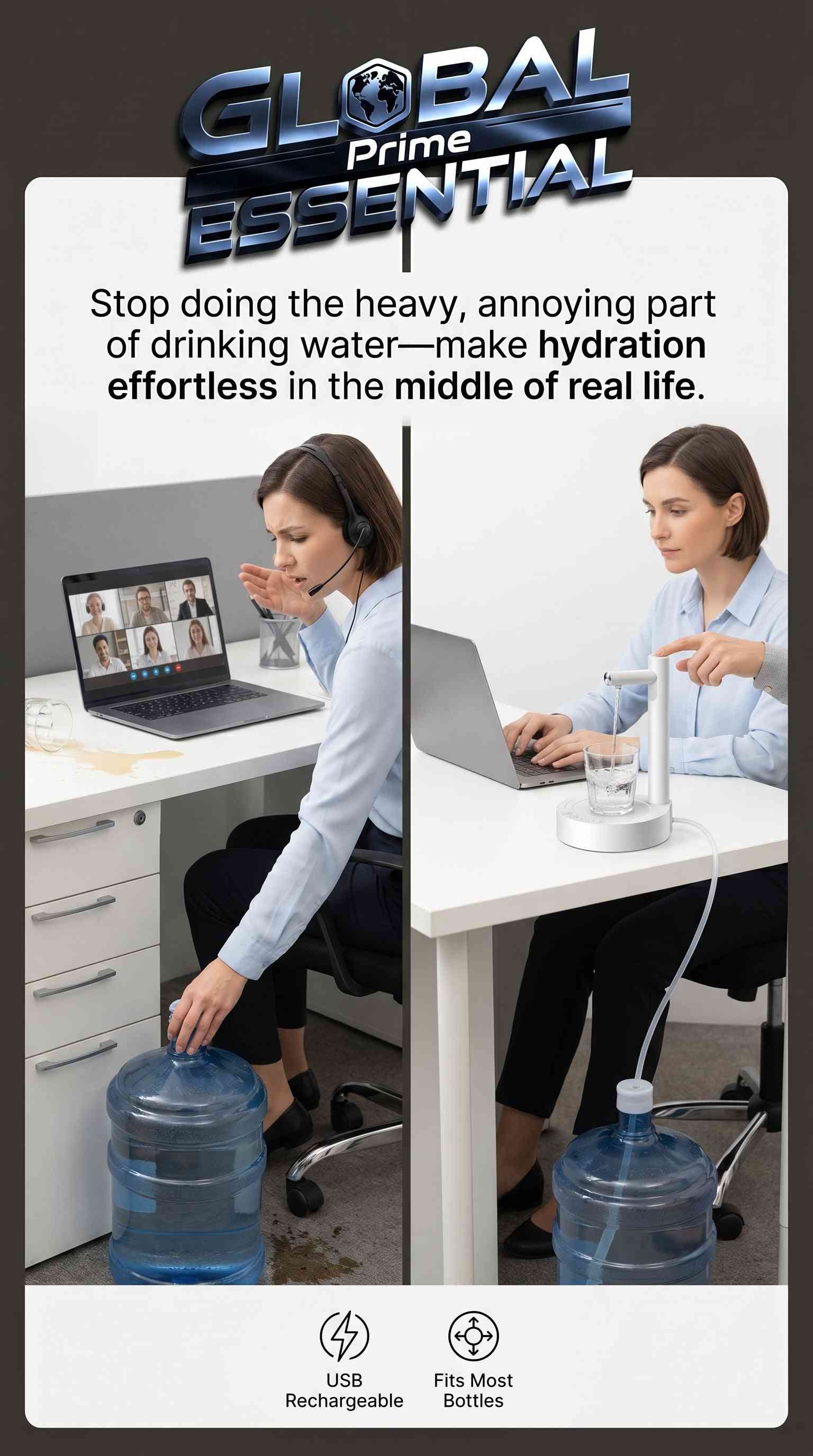 Global Prime Essential automatic electric water dispenser pump with USB recharge, fits 5-gallon and universal bottles for easy hydration.